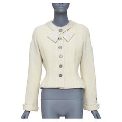 VALENTINO BOUTIQUE Vintage cream wool tweed beaded collar contour bar jacket US8
