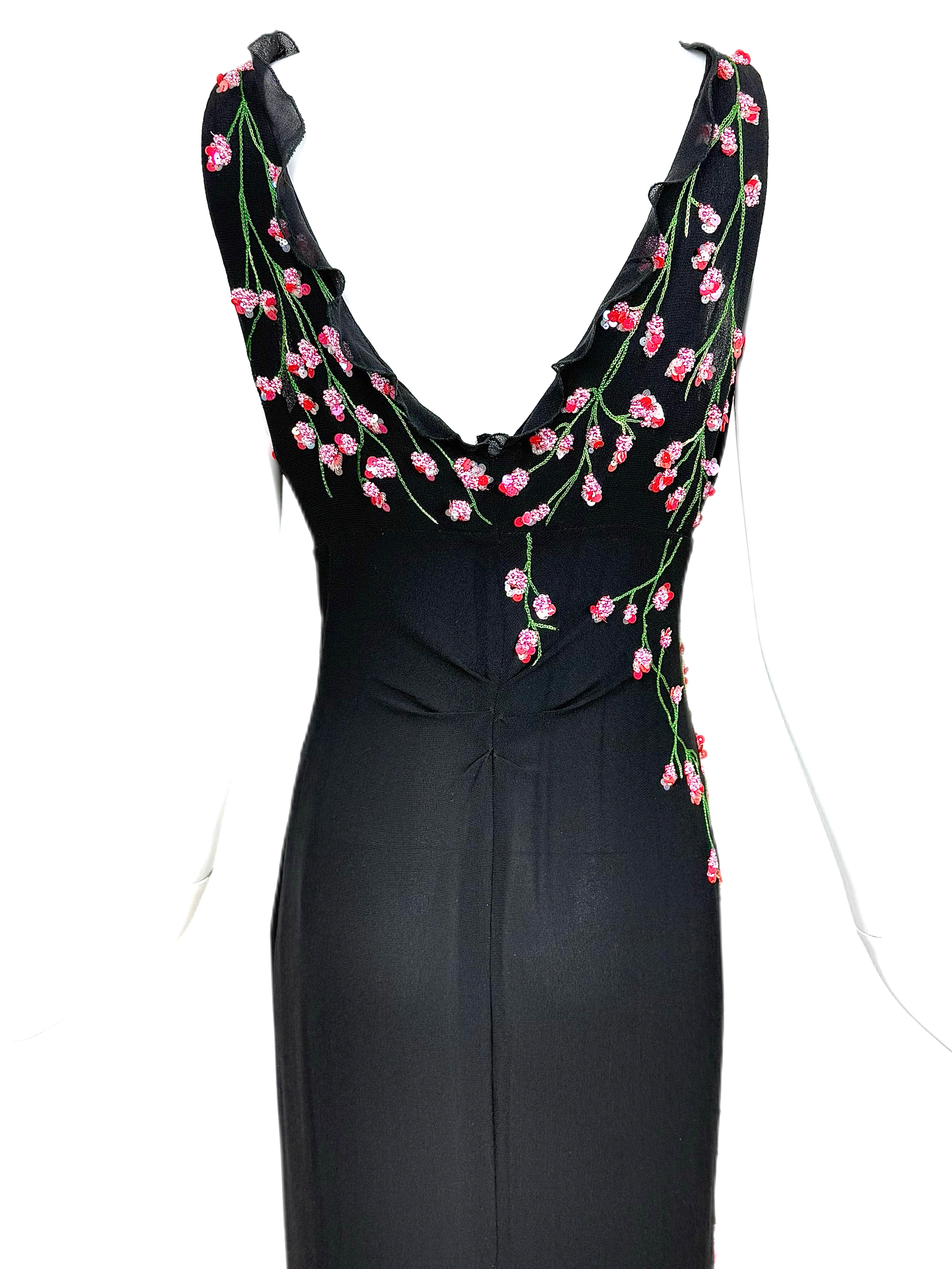 VALENTINO BOUTIQUE Vintage Floral Beaded Black Silk Gown Ruffle Maxi Dress For Sale 6