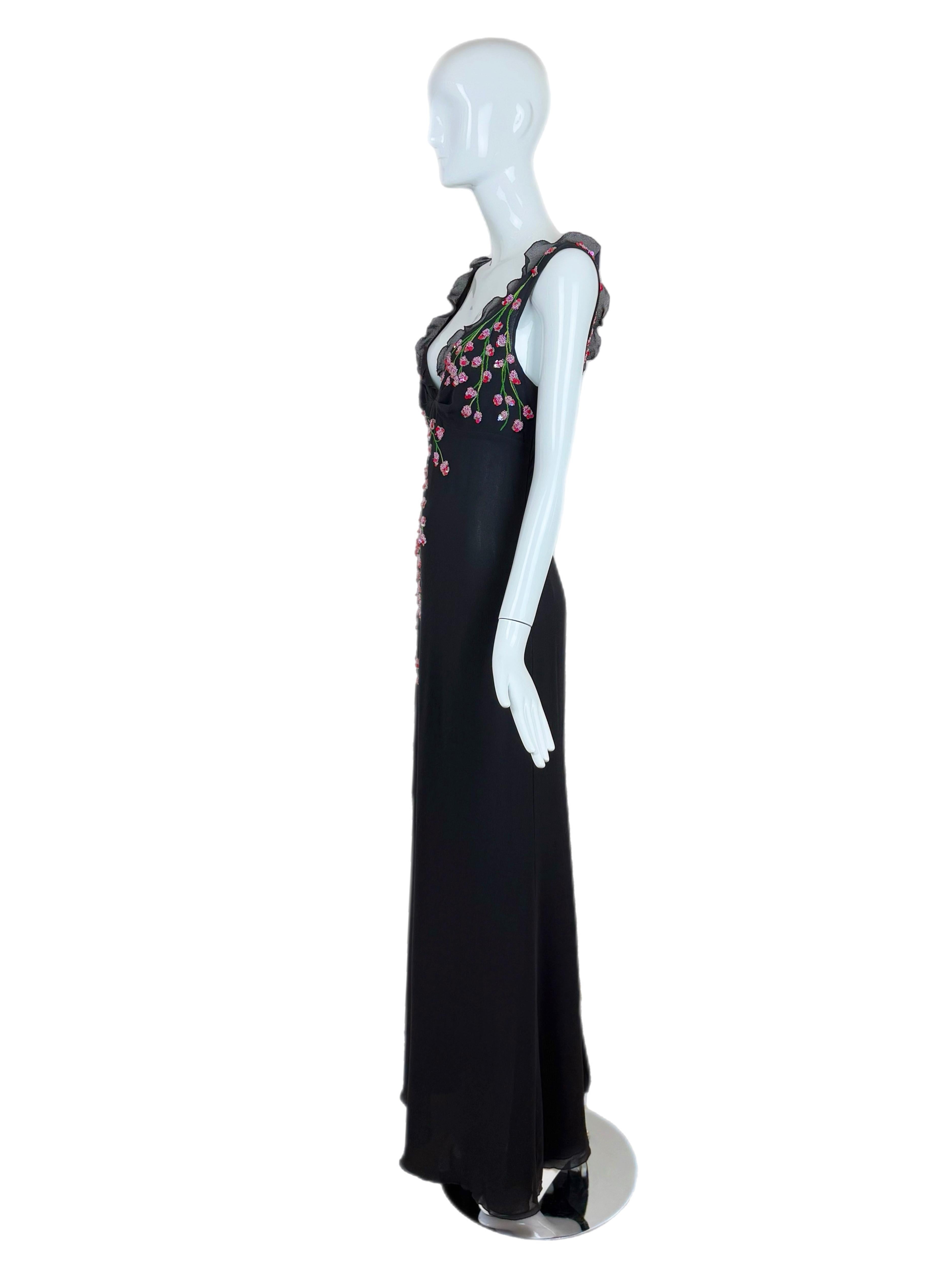 VALENTINO BOUTIQUE Vintage Floral Beaded Black Silk Gown Ruffle Maxi Dress For Sale 7