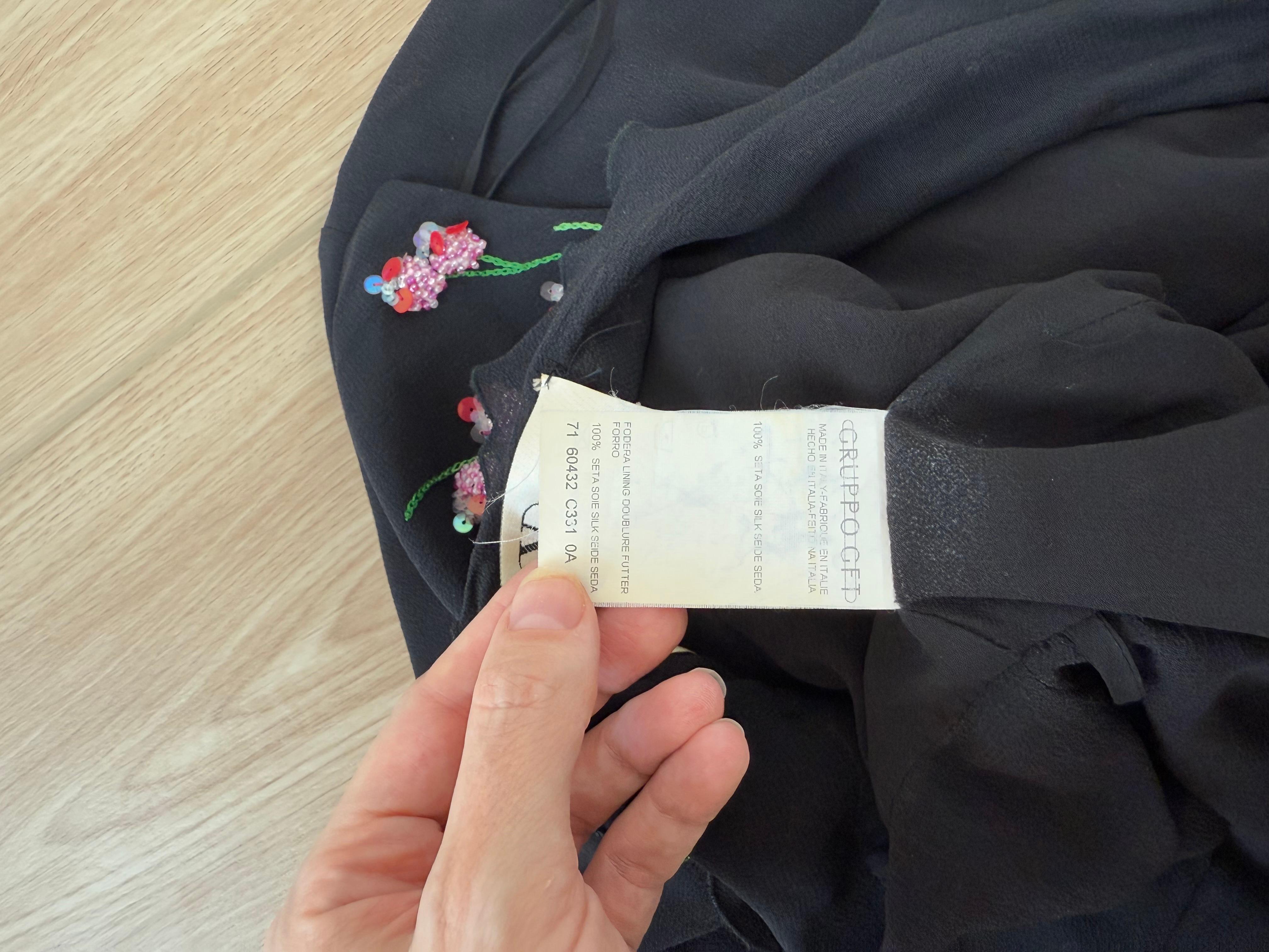 VALENTINO BOUTIQUE Vintage Floral Beaded Black Silk Gown Ruffle Maxi Dress In Excellent Condition For Sale In Leonardo, NJ