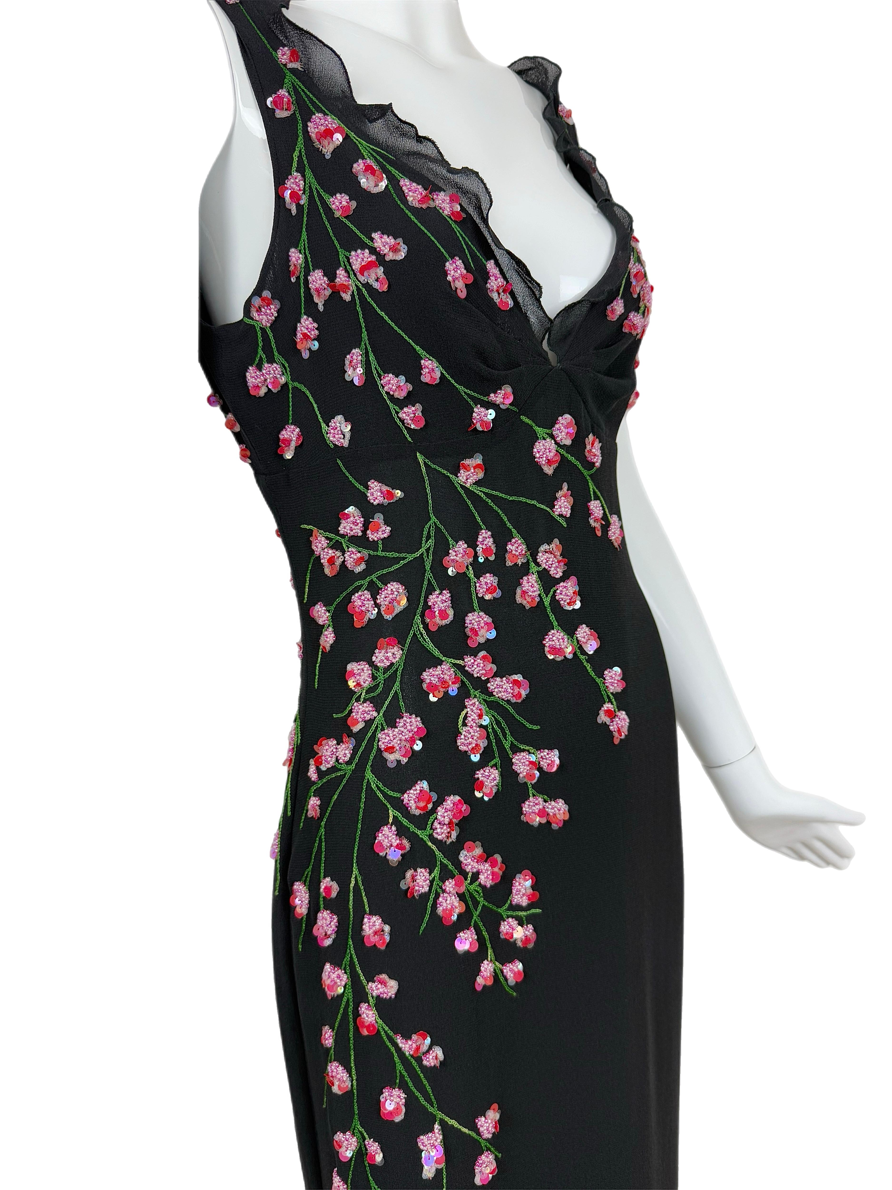 Women's VALENTINO BOUTIQUE Vintage Floral Beaded Black Silk Gown Ruffle Maxi Dress For Sale