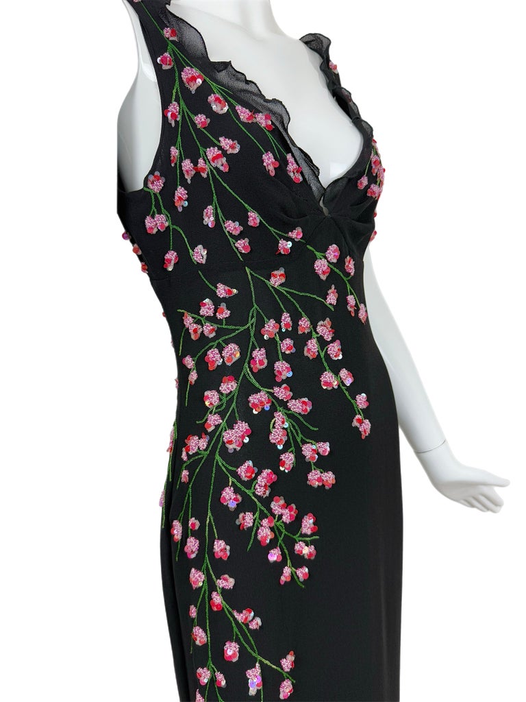 VALENTINO BOUTIQUE Vintage Floral Beaded Black Silk Gown Ruffle Maxi Dress  at 1stDibs