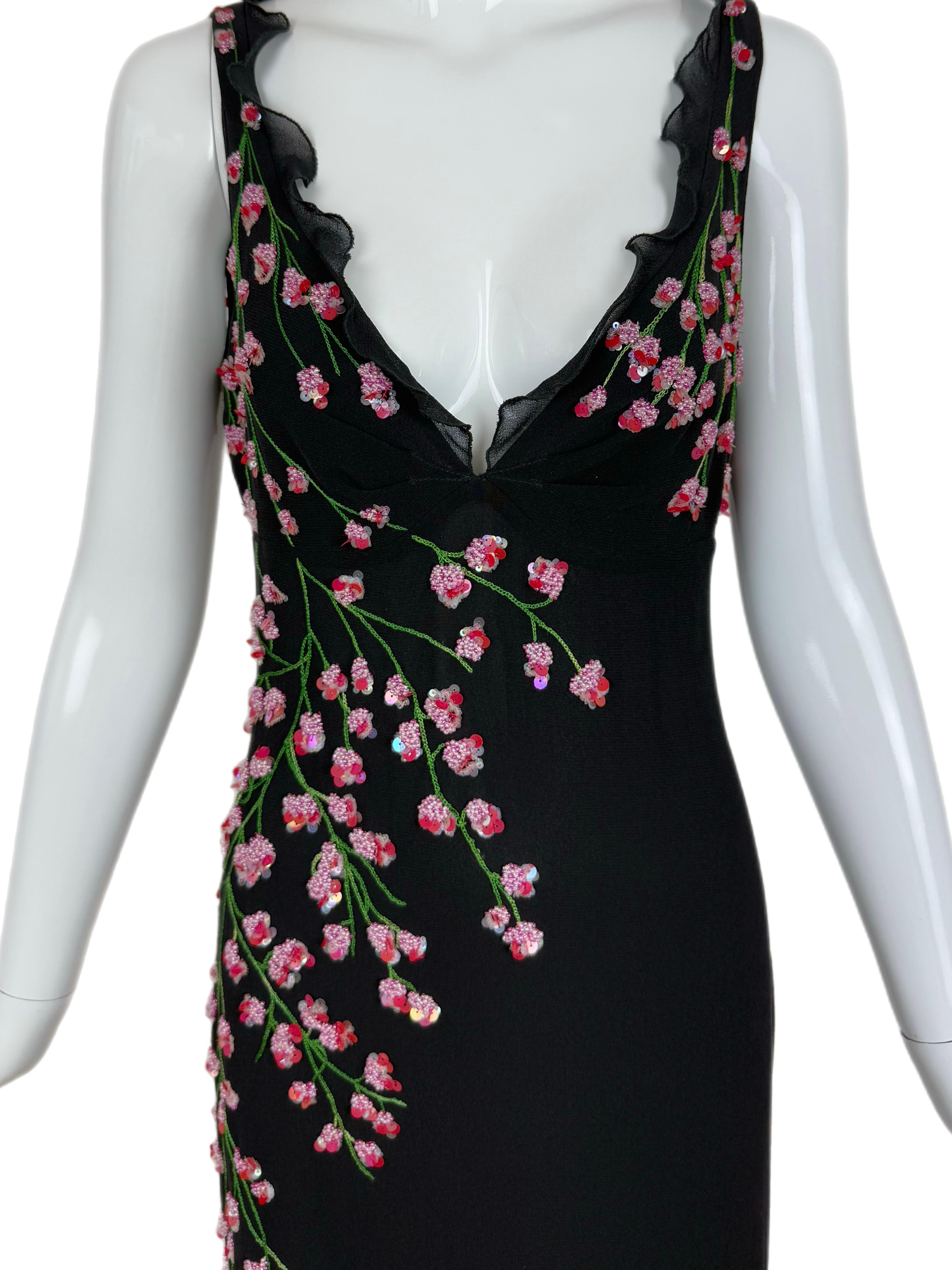VALENTINO BOUTIQUE Vintage Floral Beaded Black Silk Gown Ruffle Maxi Dress For Sale 1