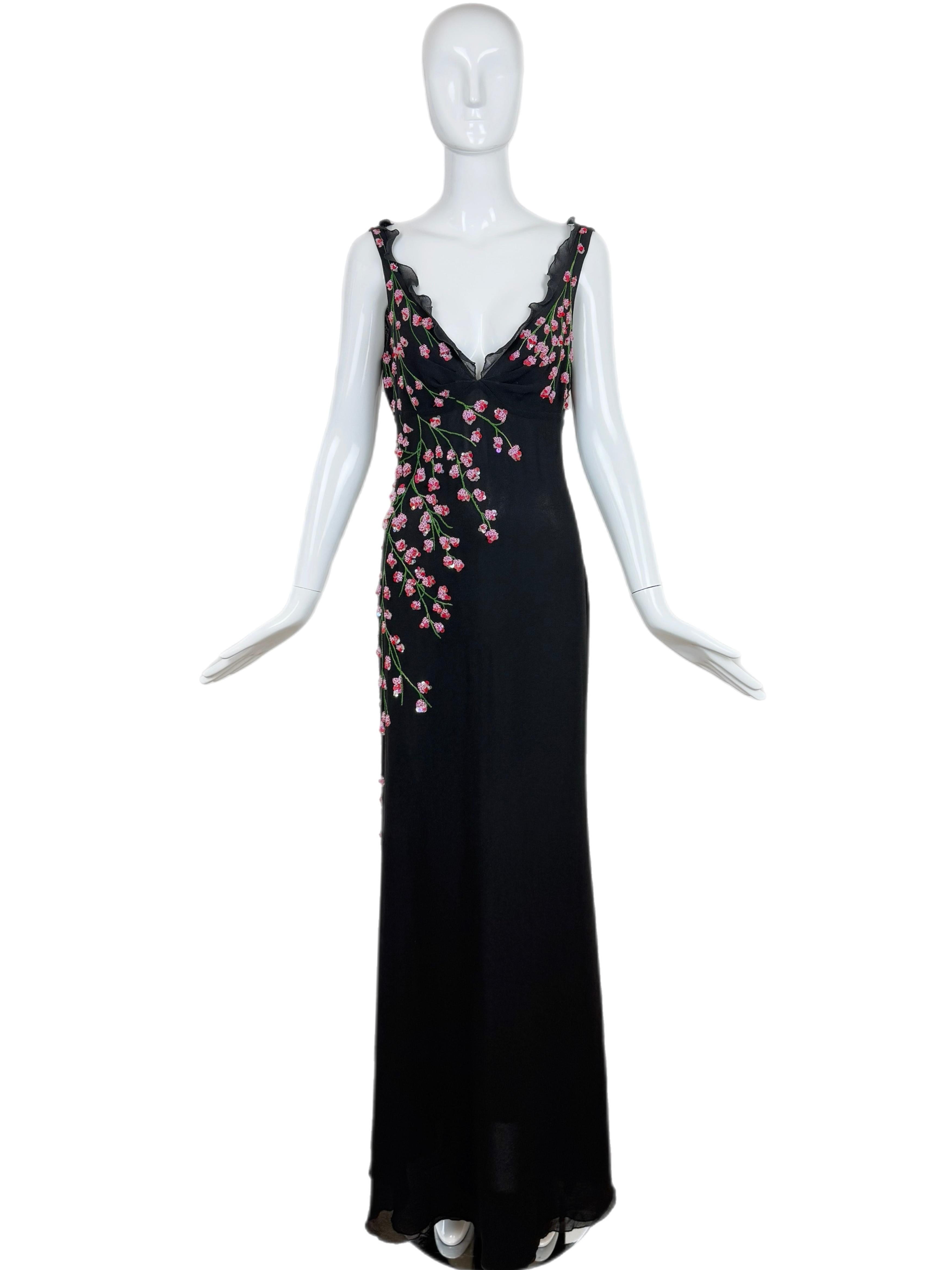 VALENTINO BOUTIQUE Vintage Floral Beaded Black Silk Gown Ruffle Maxi Dress For Sale 2