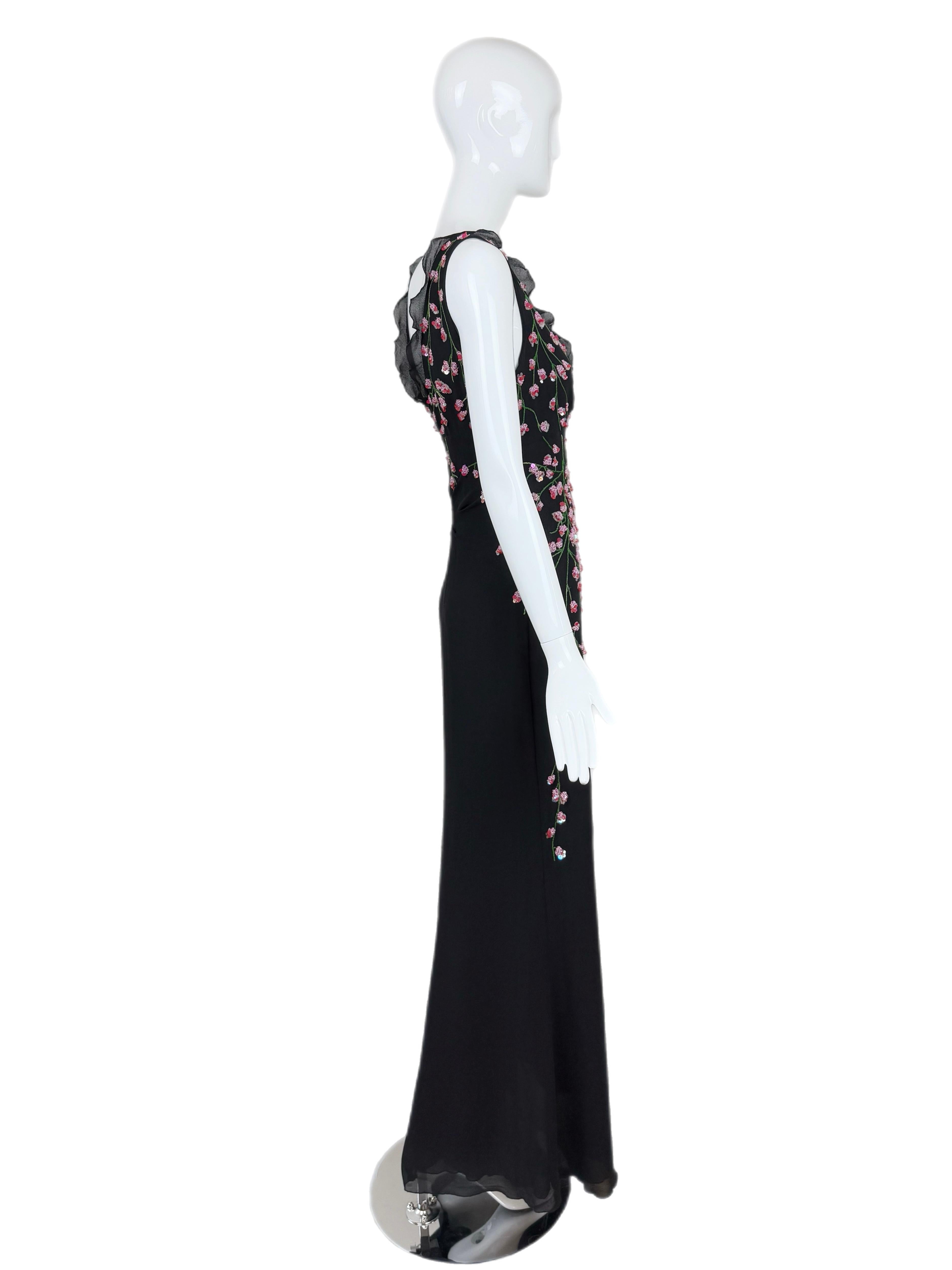 VALENTINO BOUTIQUE Vintage Floral Beaded Black Silk Gown Ruffle Maxi Dress For Sale 3