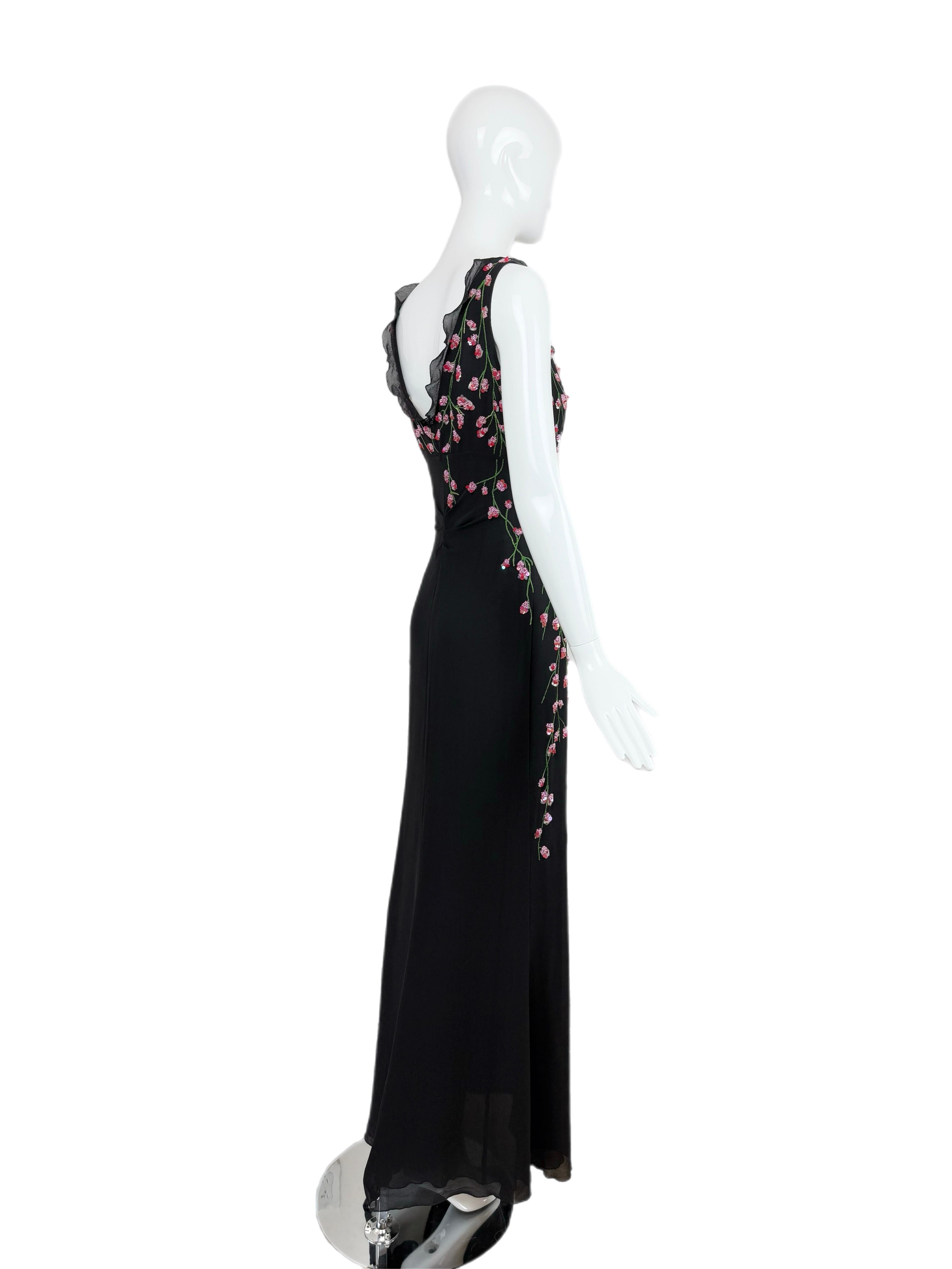 VALENTINO BOUTIQUE Vintage Floral Beaded Black Silk Gown Ruffle Maxi Dress For Sale 4