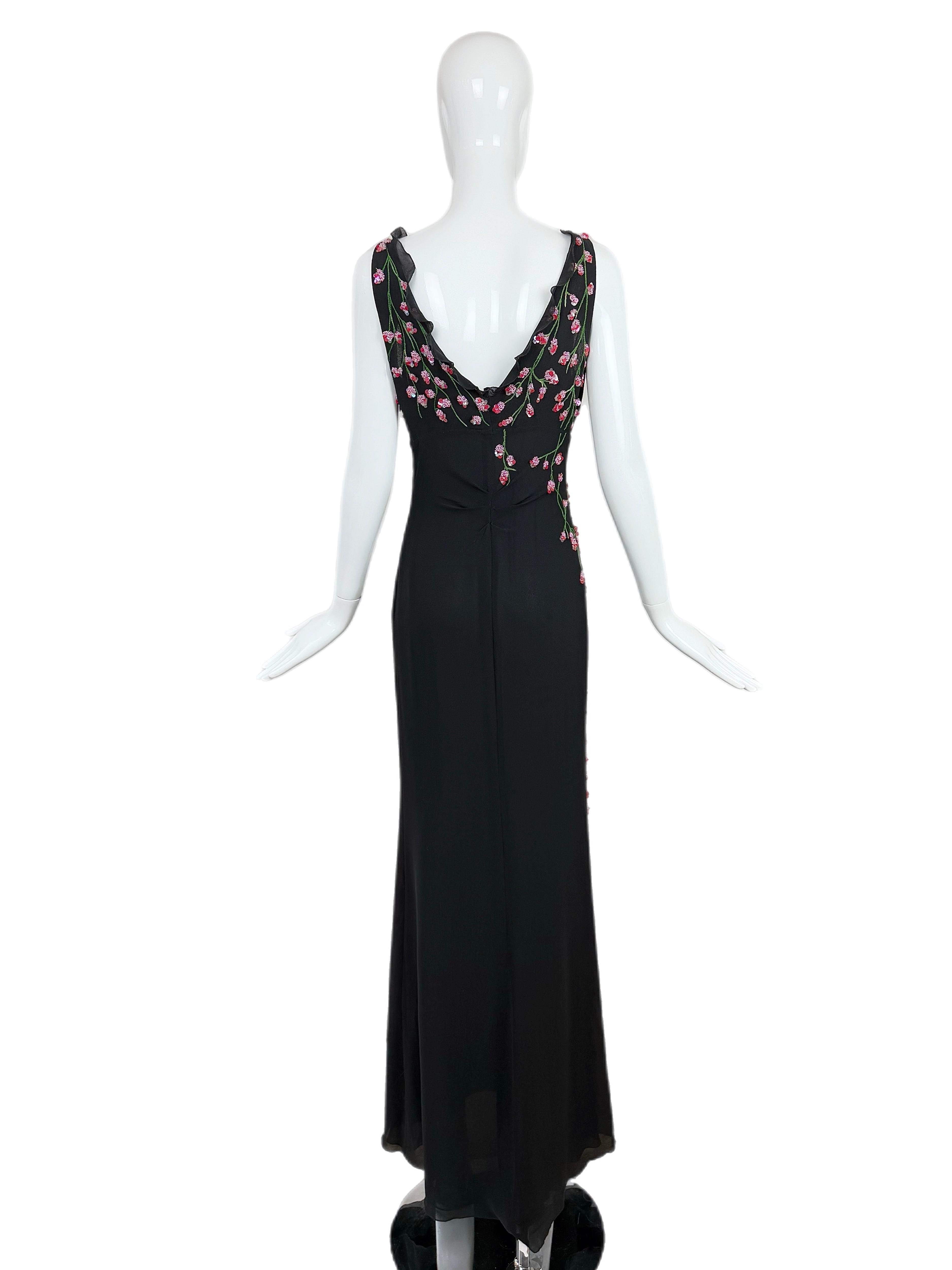 VALENTINO BOUTIQUE Vintage Floral Beaded Black Silk Gown Ruffle Maxi Dress For Sale 5
