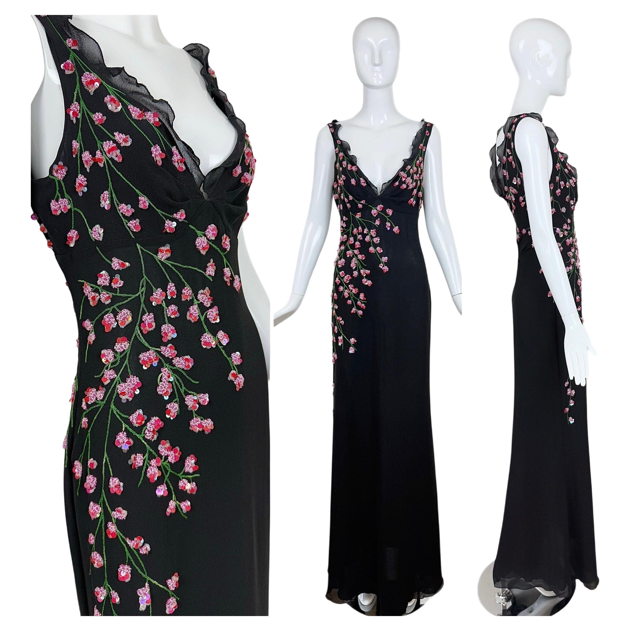Valentino BOUTIQUE Vintage Abito floreale con perline in seta nera Maxi abito con volant