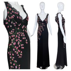 Valentino BOUTIQUE Vintage Abito floreale con perline in seta nera Maxi abito con volant