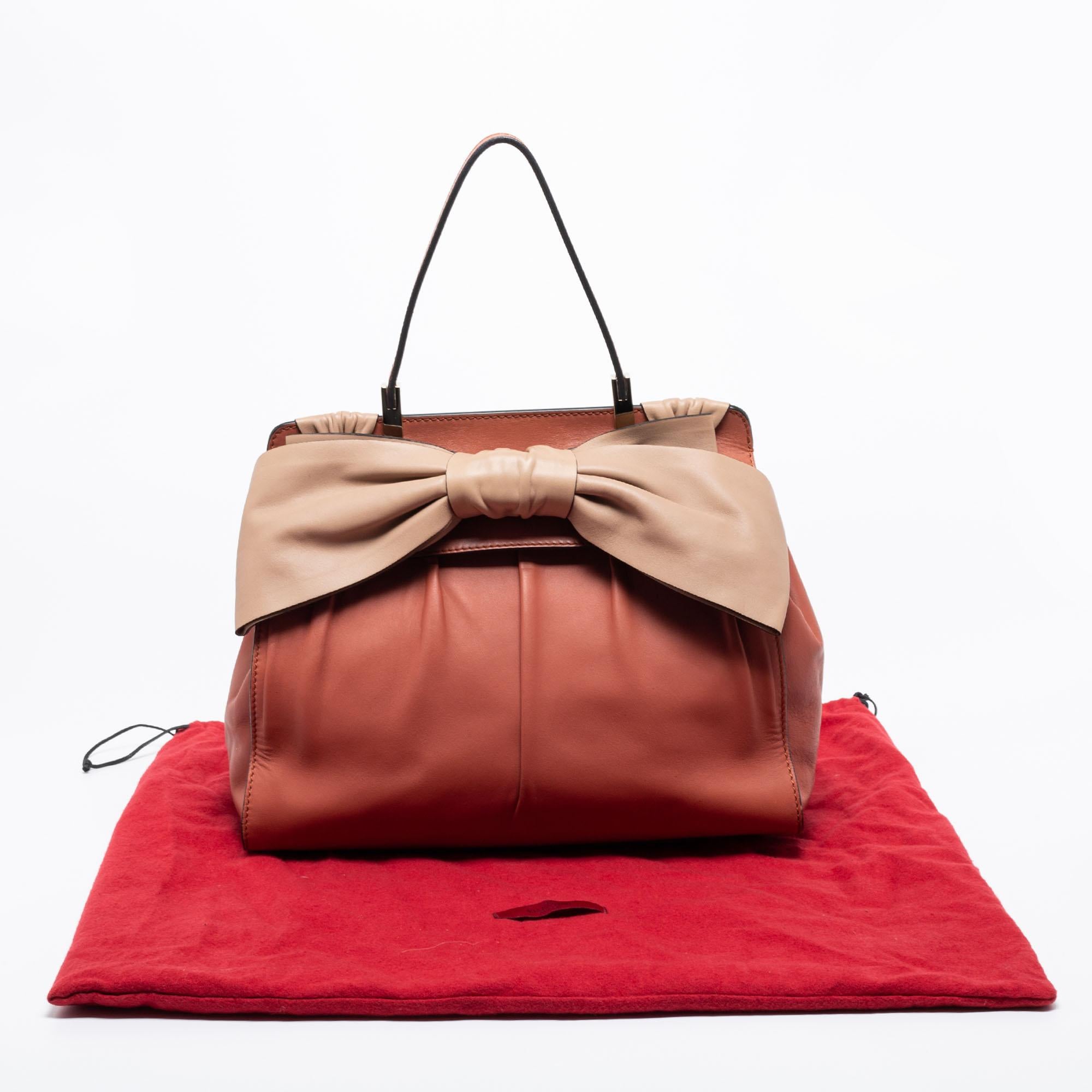 Valentino Brick Brown/Beige Leather Aphrodite Bow Bag 6