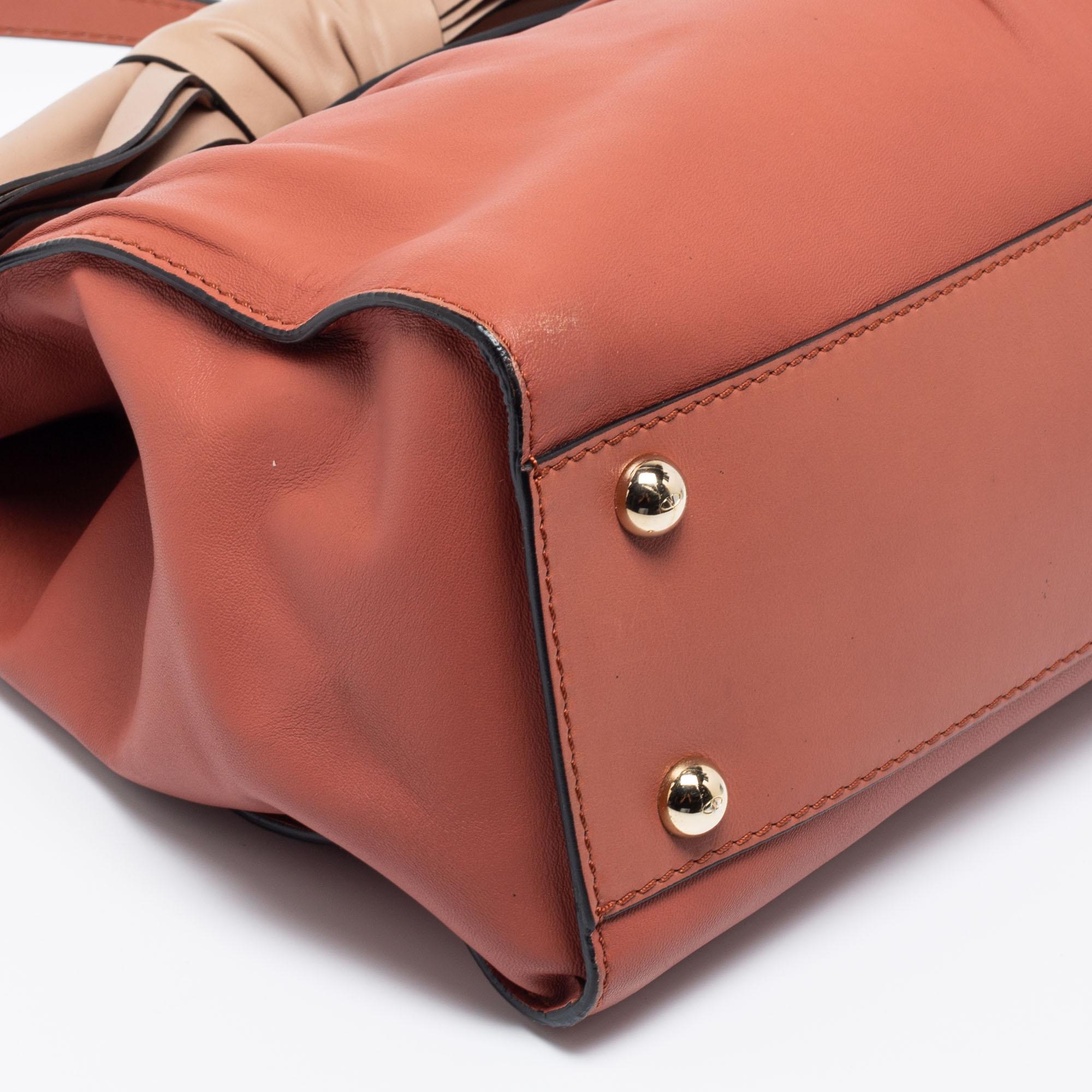 Valentino Brick Brown/Beige Leather Aphrodite Bow Bag In Good Condition In Dubai, Al Qouz 2