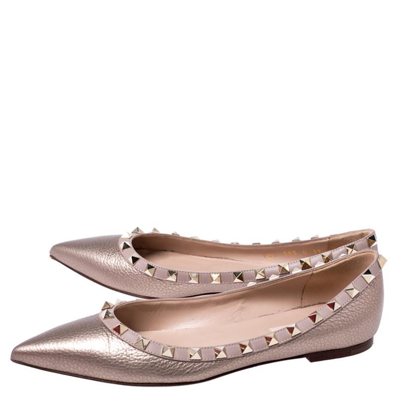 Brown Valentino Bronze Leather Rockstud Ballet Flats Size 37