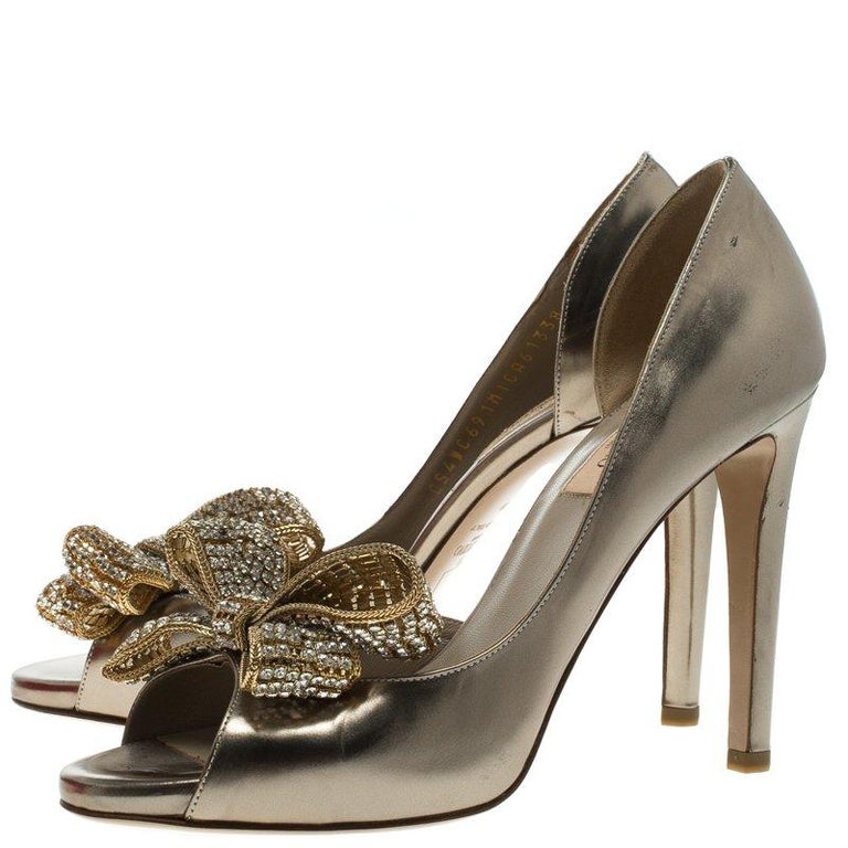 Valentino Bronze Metallic Leather Crystal Bow Detail D'orsay Pumps Size