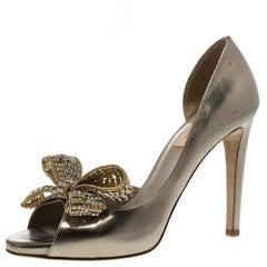 Valentino Bronze Metallic Leather Crystal Bow Detail D'orsay Pumps Size 38