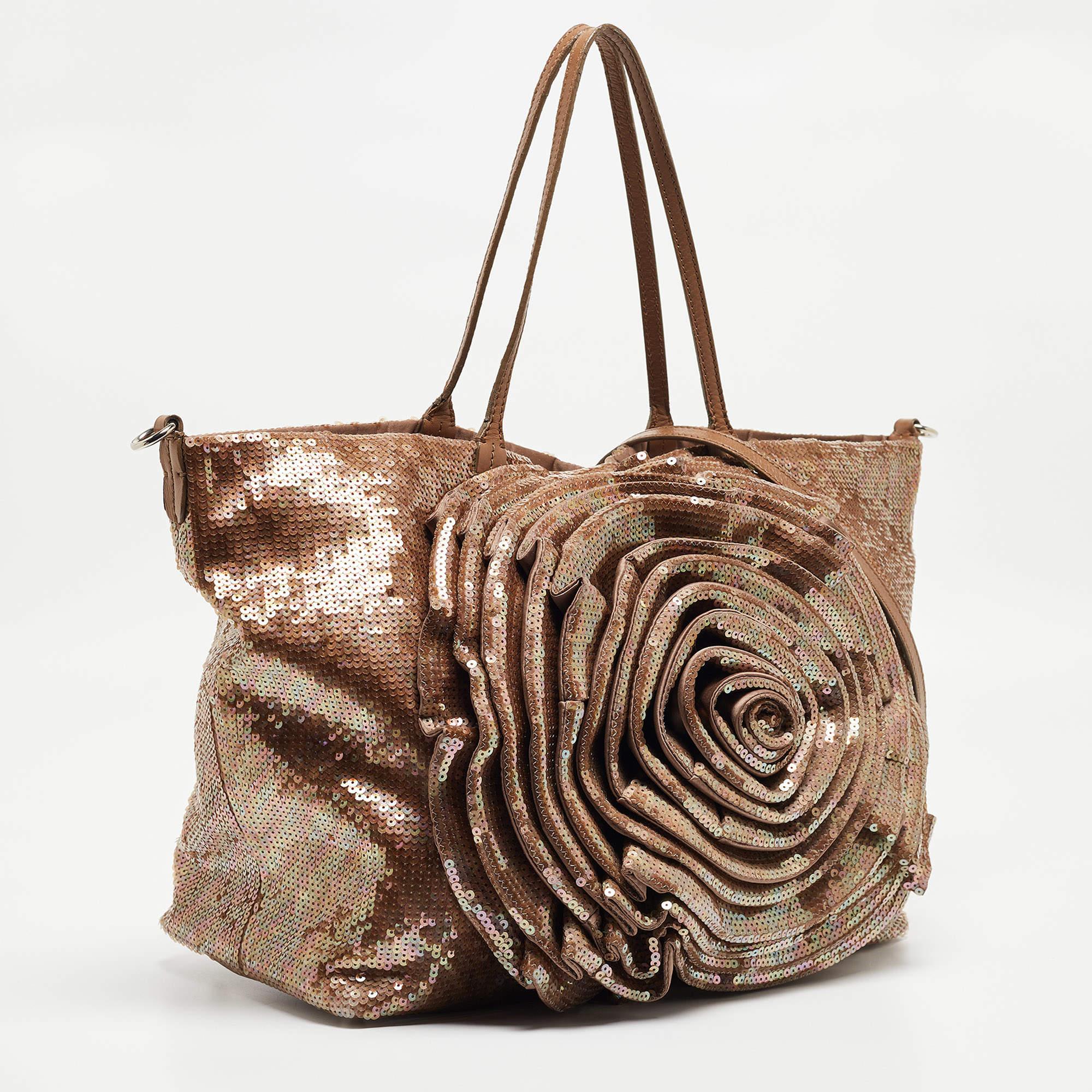 Valentino Bronze Sequins and Leather Petale Tote 7