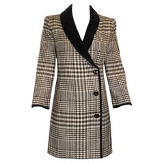 Valentino Brown and Ivory Houndstooth Wool Coat with Velvet Trim, 1970s
