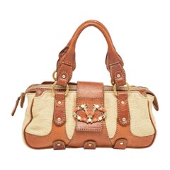 Valentino Brown/Beige Canvas and Leather VLogo Embellished Catch Bag