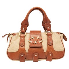 Valentino Brown/Beige Canvas and Leather VLogo Satchel