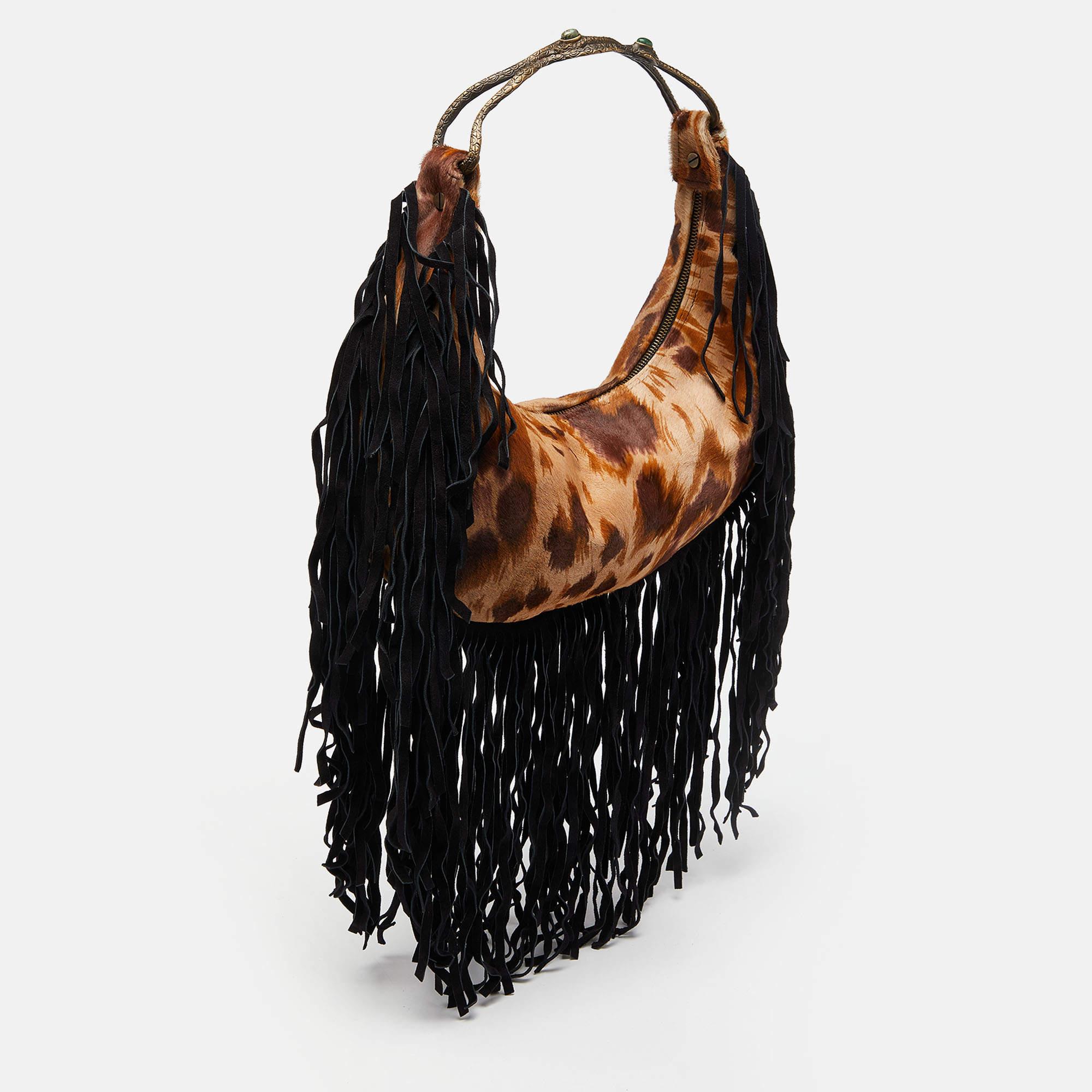 Women's Valentino Brown/Black Calfhair and Suede Fringe Hobo For Sale