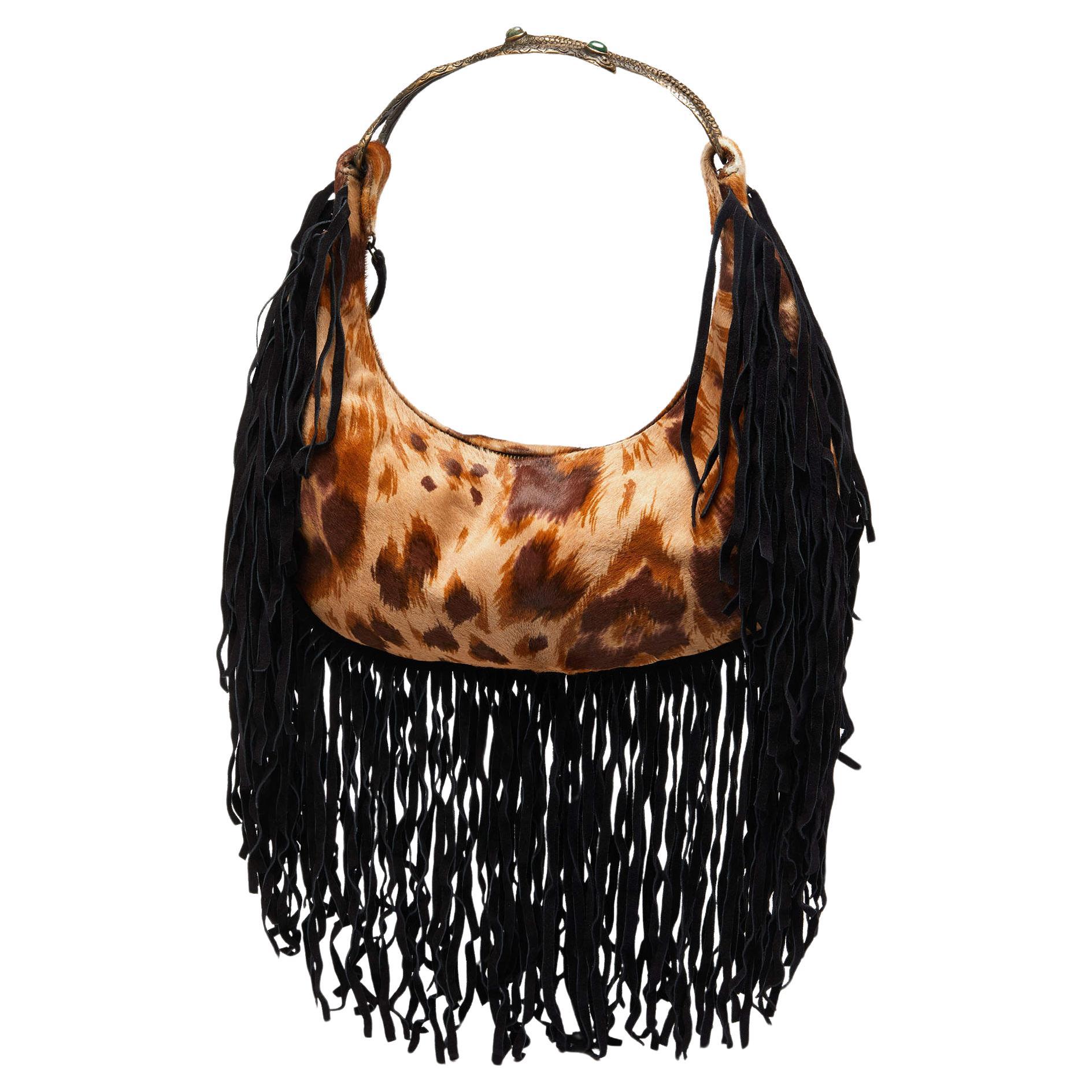 Valentino Brown/Black Calfhair and Suede Fringe Hobo For Sale
