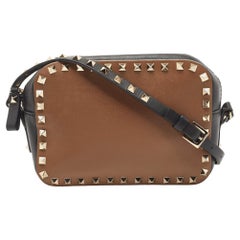 Valentino Brown/Black Leather Rockstud Camera Crossbody Bag