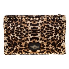 Valentino Brown/Black Leopard Print Calfhair Rockstud Clutch