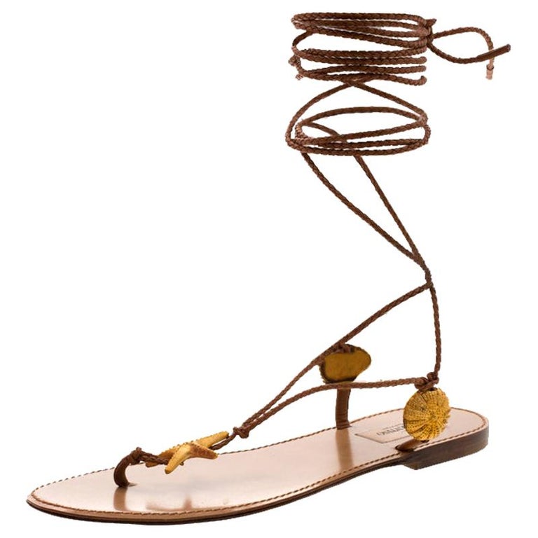 Valentino Brown Braided Leather Abyss Seashell Lace Up Flat Sandals