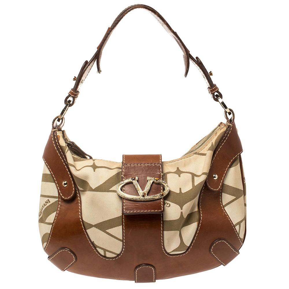 Valentino Brown/Cream Canvas and Leather Hobo