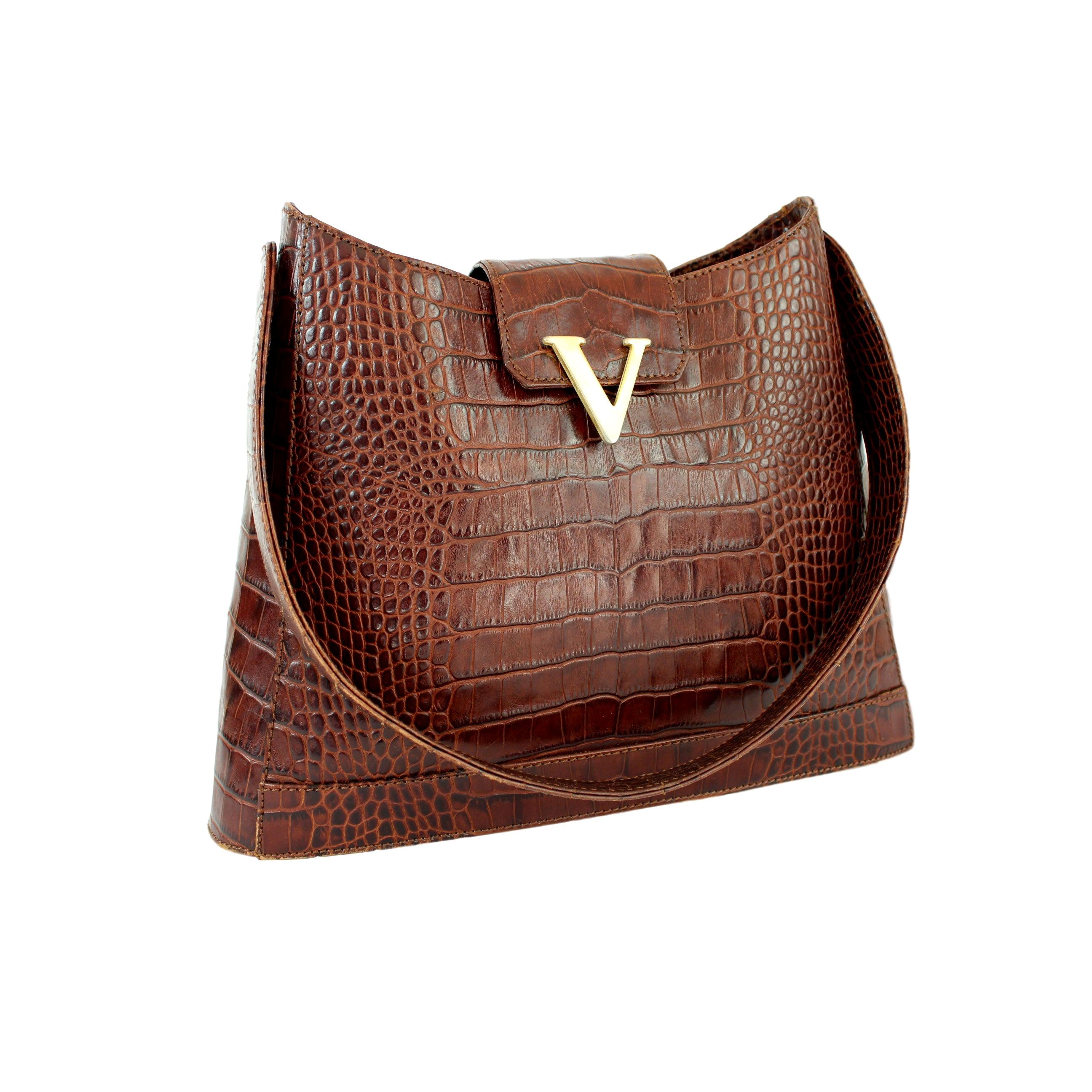 Valentino Brown Crocodile Print Leather Crossbody Bag 1990s Golden Insert