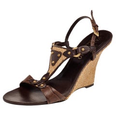 Used Valentino Brown Embossed Leather Wedge Sandals Size 37