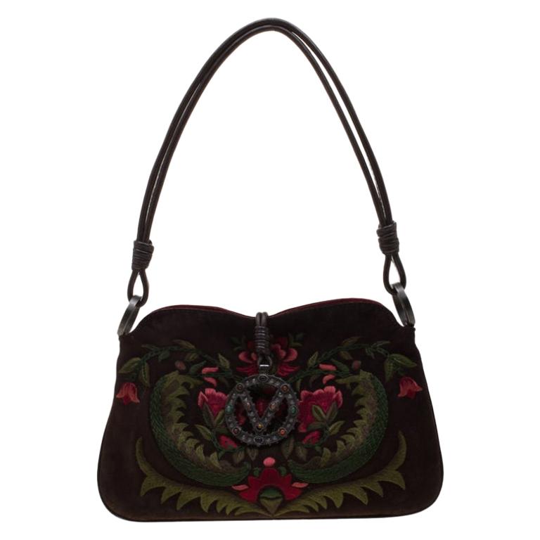 Valentino Brown Flowers Embroidered Suede and Leather Vring Shoulder ...