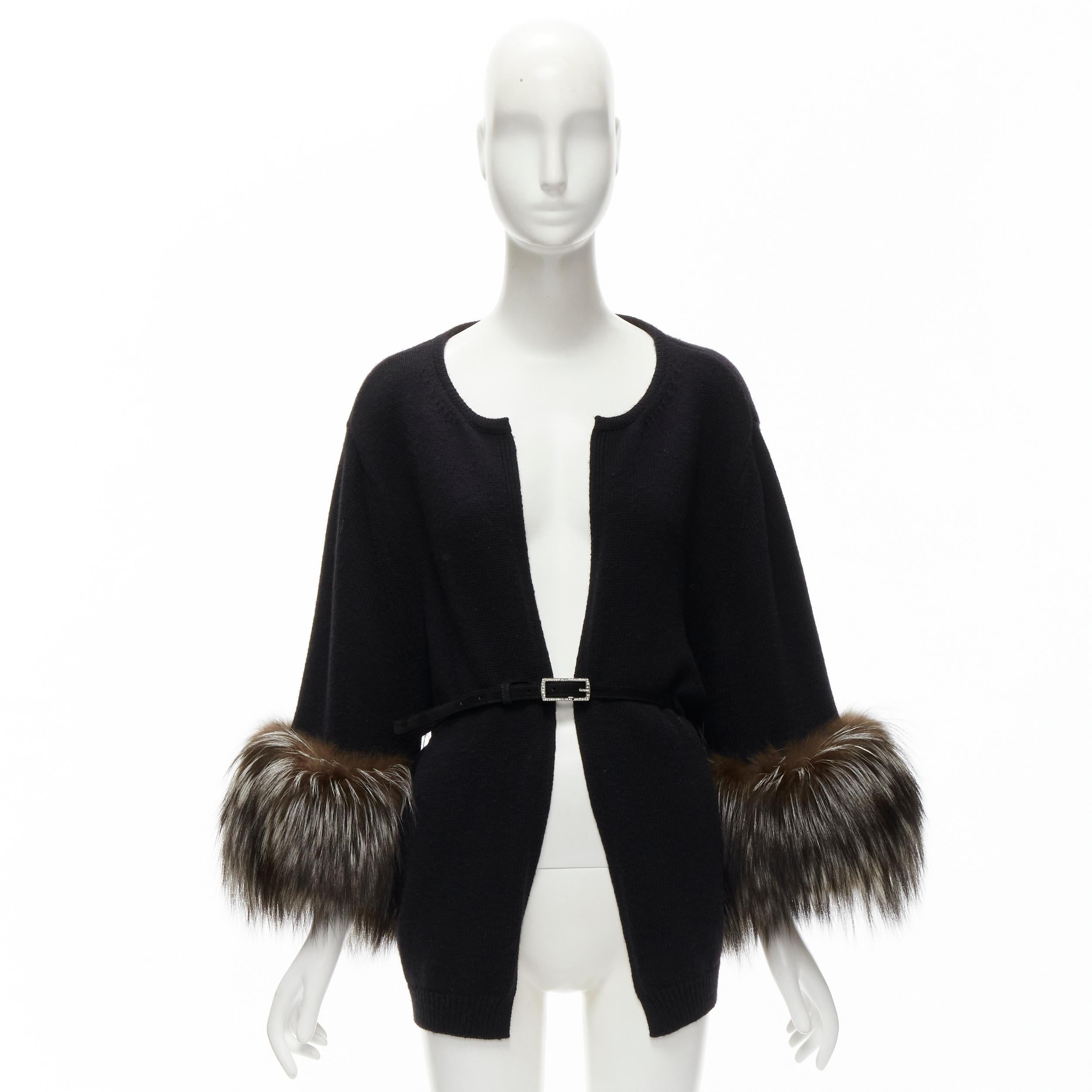 VALENTINO brown fur cuff black wool cashmere belted poncho cardigan jacket 4