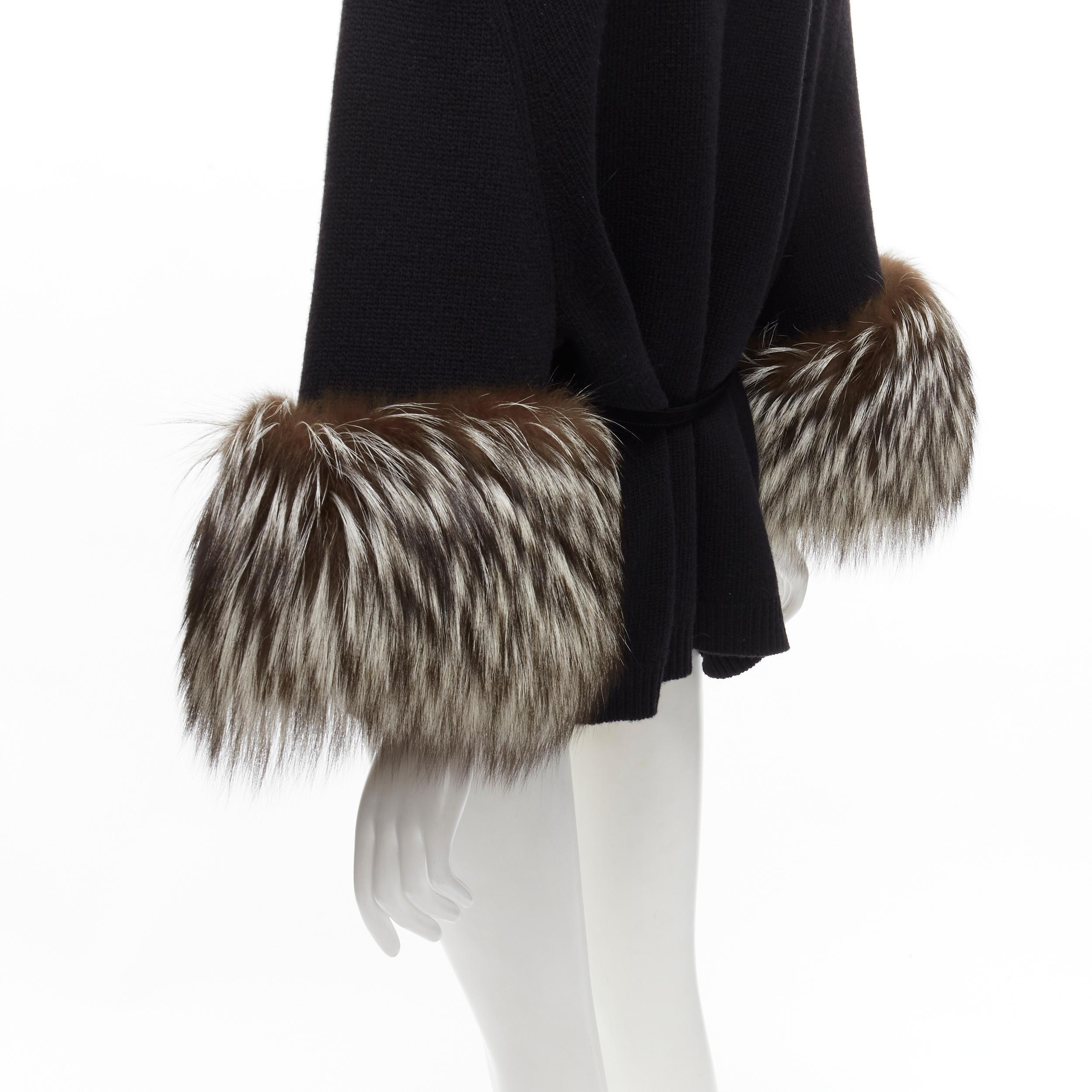 Women's VALENTINO brown fur cuff black wool cashmere belted poncho cardigan jacket