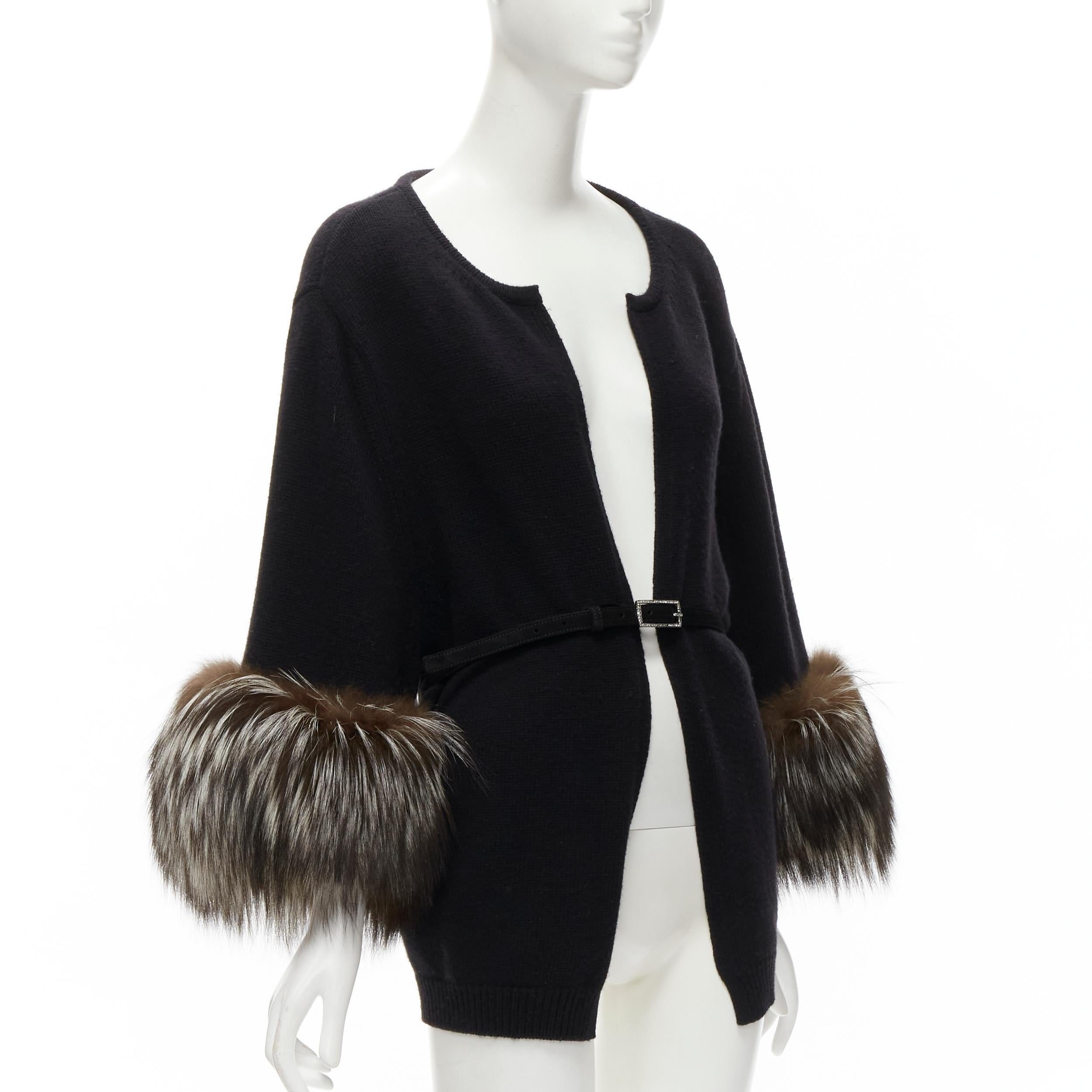 VALENTINO brown fur cuff black wool cashmere belted poncho cardigan jacket 1