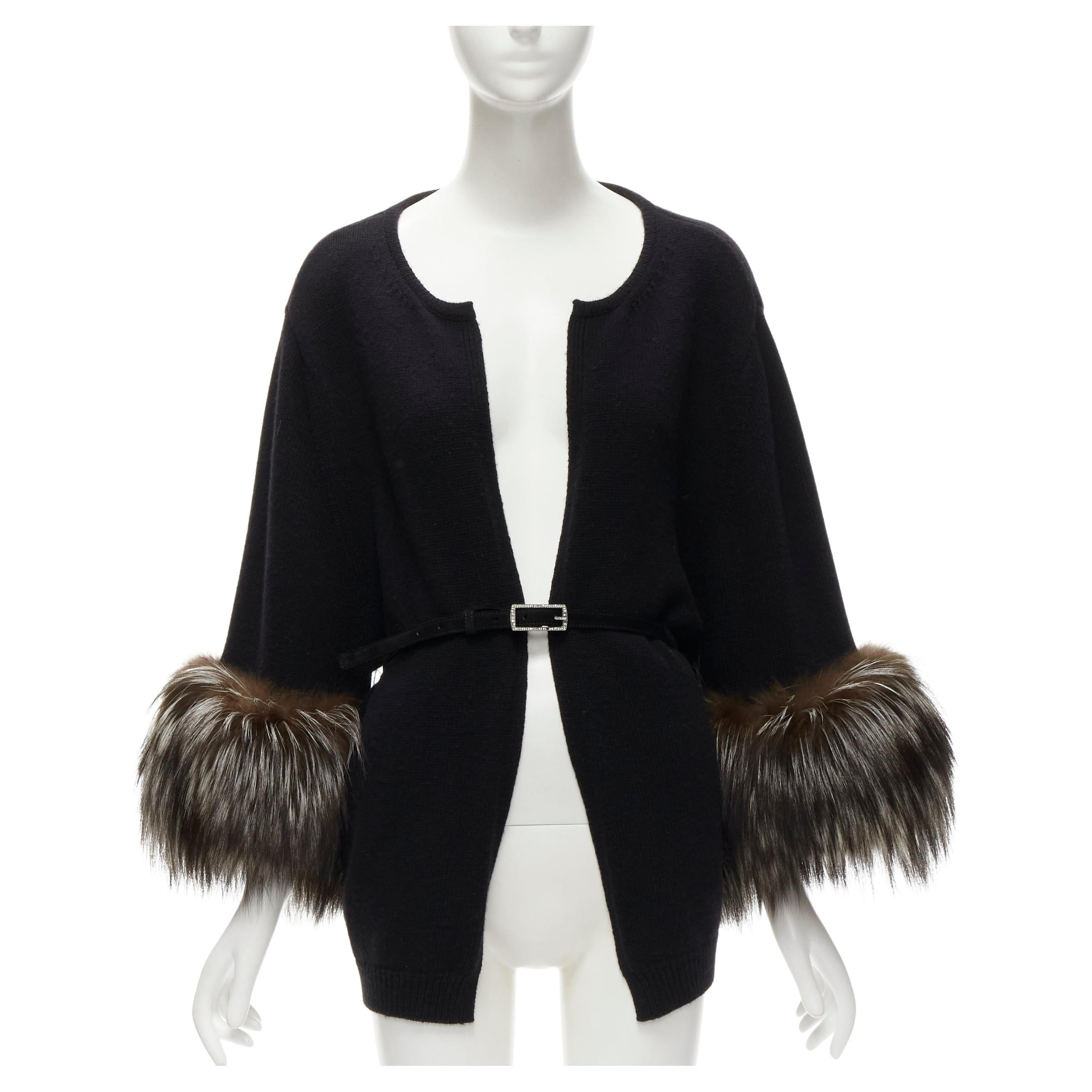 VALENTINO brown fur cuff black wool cashmere belted poncho cardigan jacket