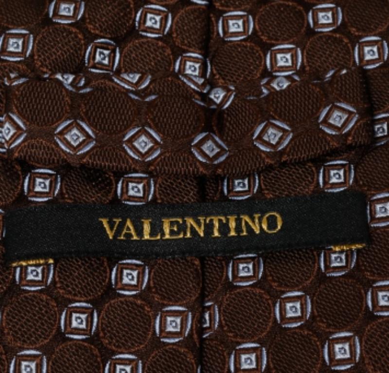Black Valentino Brown Geometric Motif Jacquard Silk Tie For Sale