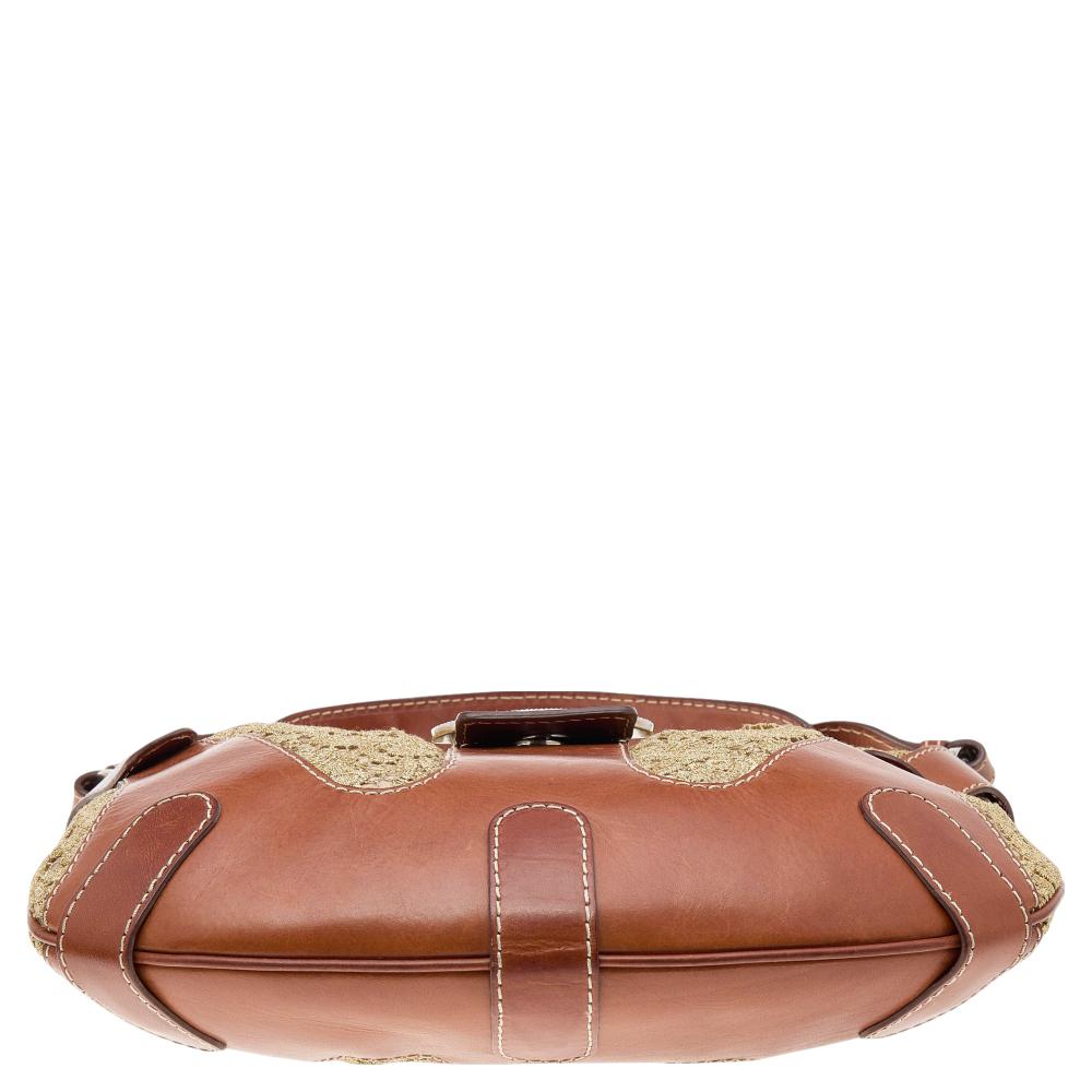 Valentino Brown/Gold Leather And Lace VLogo Shoulder Bag 3