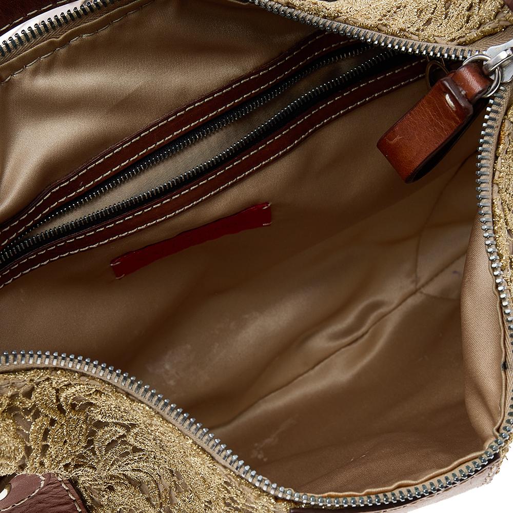 Valentino Brown/Gold Leather And Lace VLogo Shoulder Bag For Sale at 1stDibs