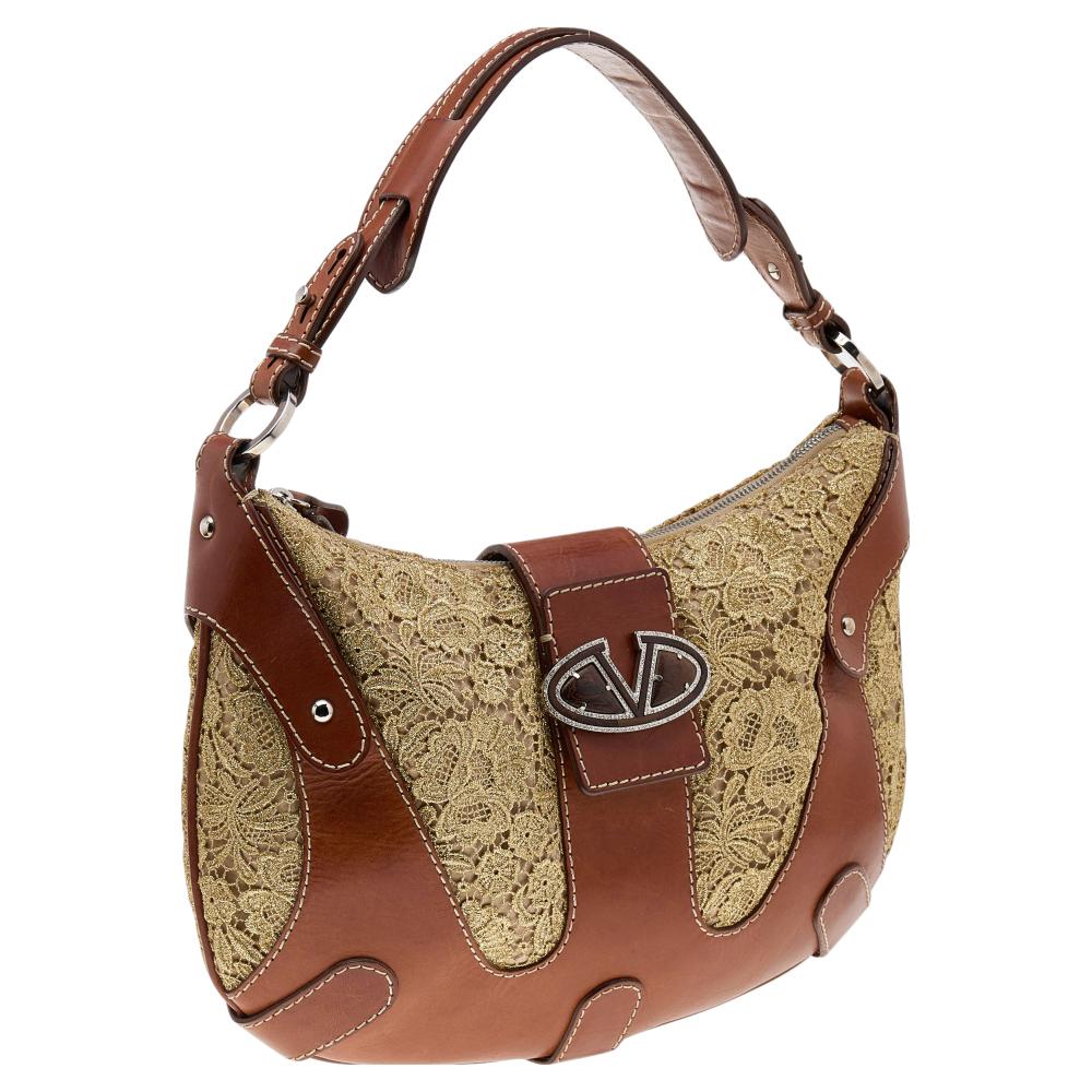 Women's Valentino Brown/Gold Leather And Lace VLogo Shoulder Bag