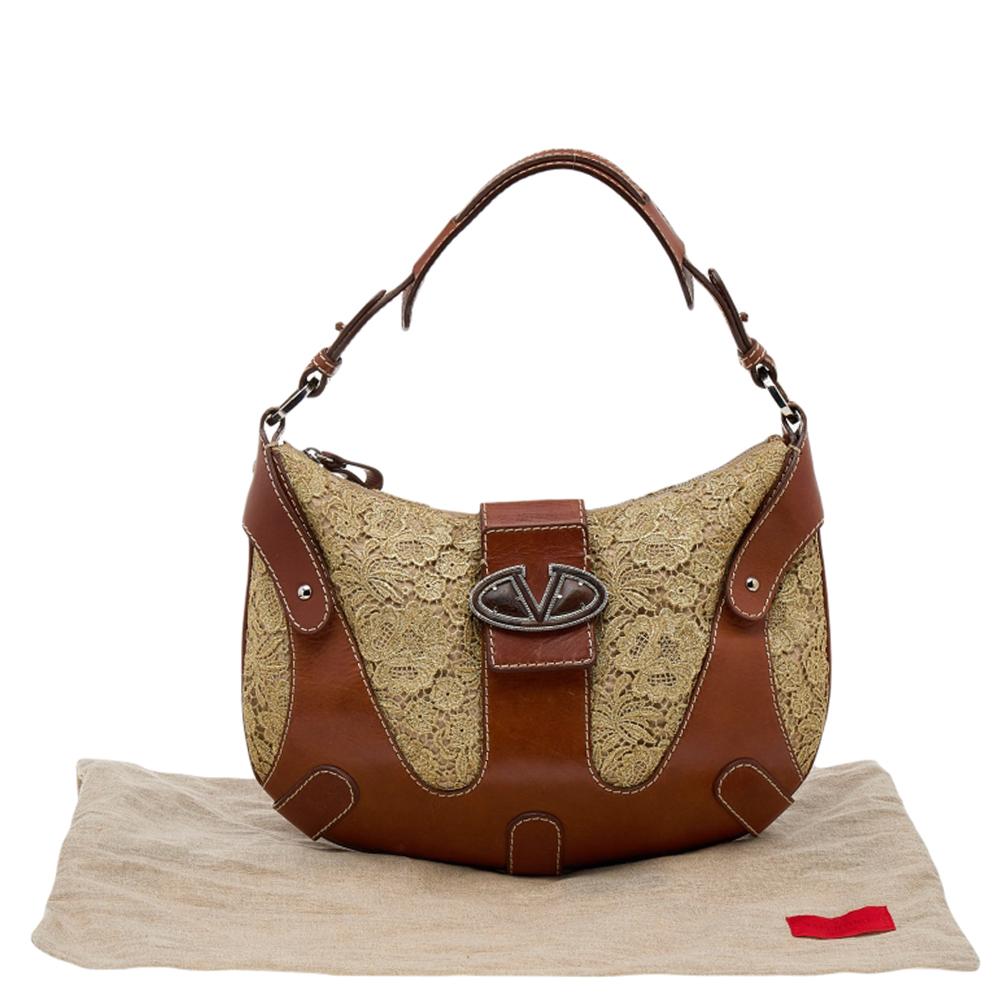 Valentino Brown/Gold Leather And Lace VLogo Shoulder Bag 1