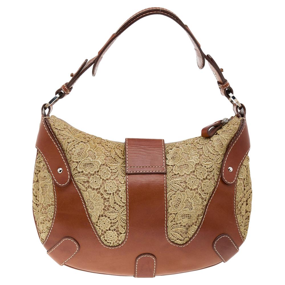 Valentino Brown/Gold Leather And Lace VLogo Shoulder Bag 2