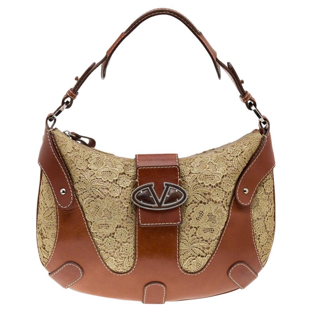 Valentino Brown/Gold Leather And Lace VLogo Shoulder Bag