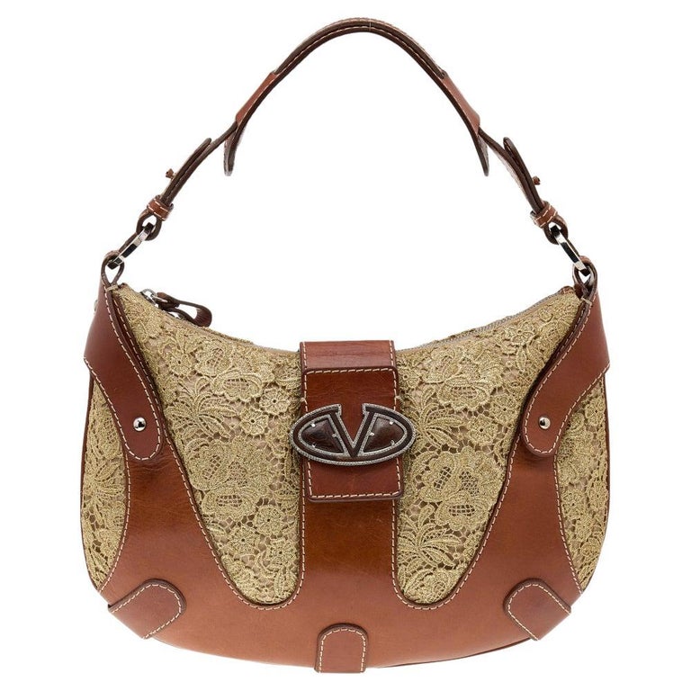Valentino Brown/Gold Leather And Lace VLogo Shoulder Bag For Sale at 1stDibs