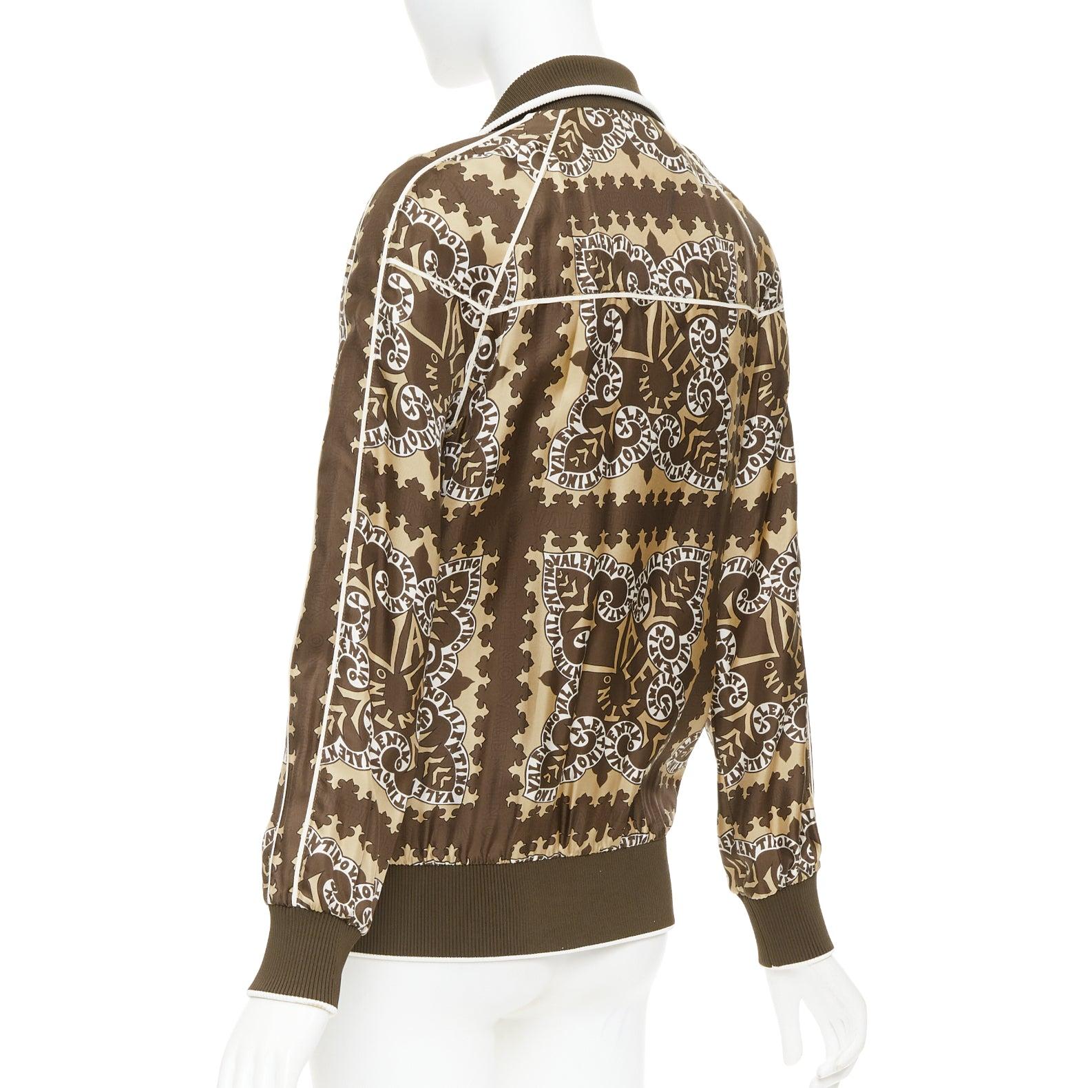 Valentino, giacca da ginnastica con sciarpa stampata in 100% seta, colore marrone, IT38 XS in vendita 3