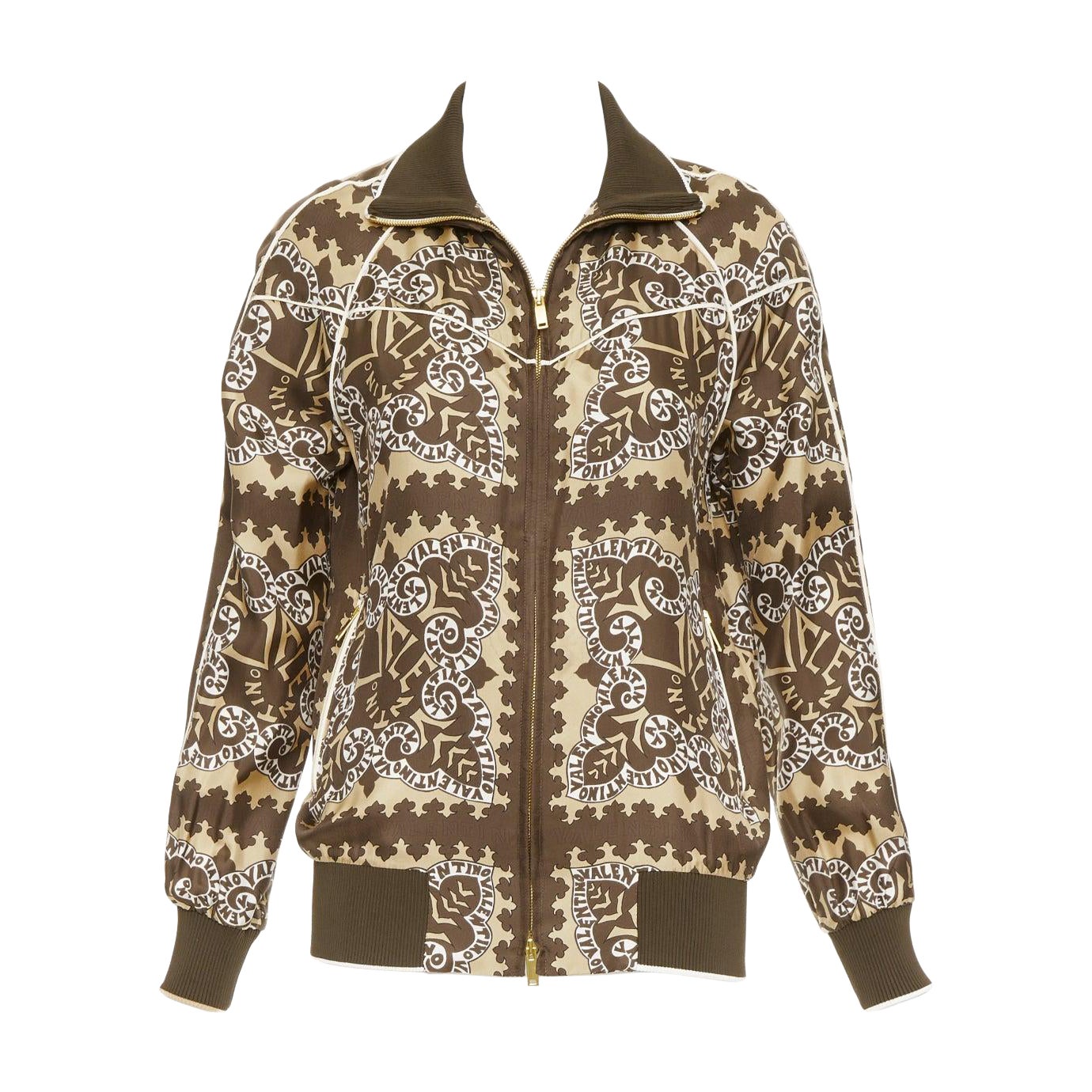 VALENTINO brown hue 100% silk logo scarf print collared track jacket IT38 XS