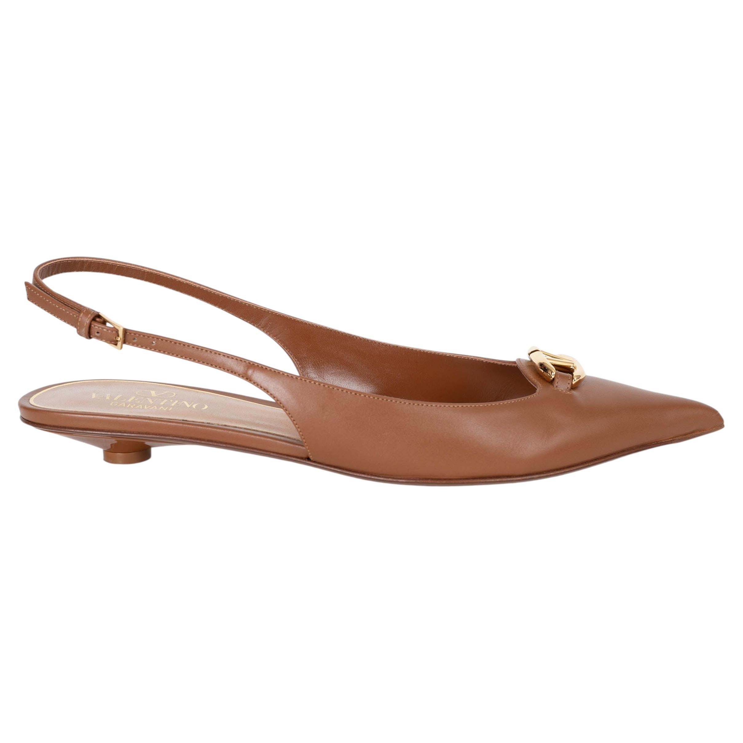 VALENTINO piel marron 2024 MOON VLOGO Zapatos planos slingback 39