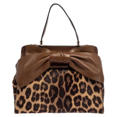 VALENTINO  Brown Leather And Calf Hair Animal Print Aphrodite Bow Bag