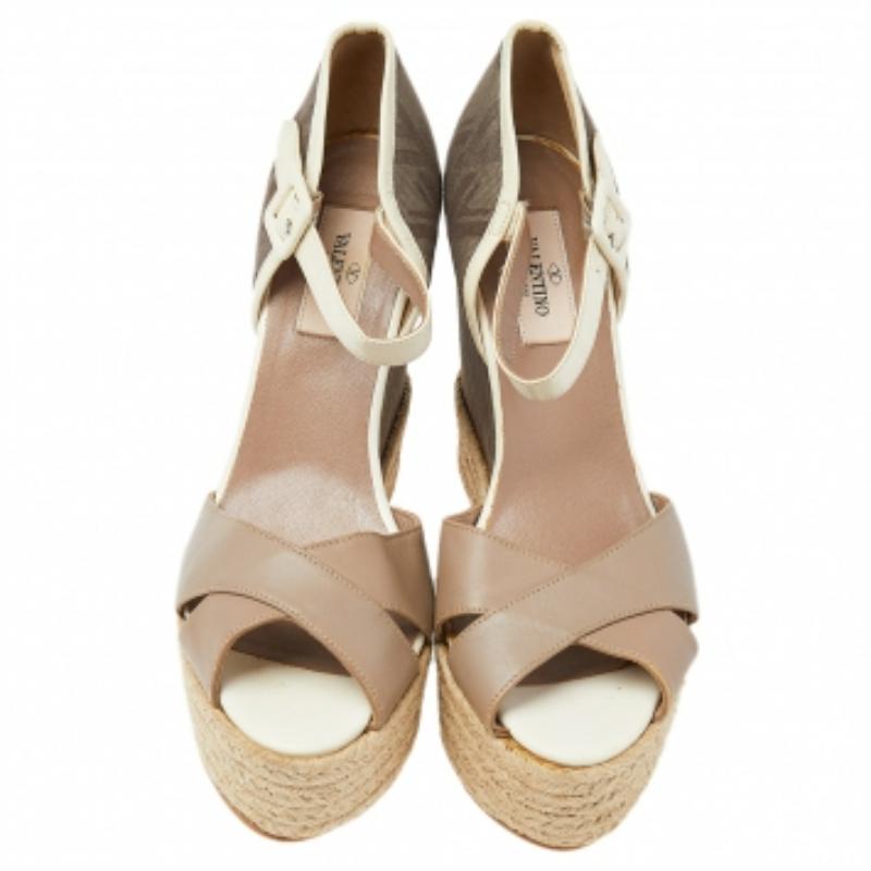 Women's Valentino Brown Leather And Fabric Wedge Platform Espadrille Sandals Size 39.5