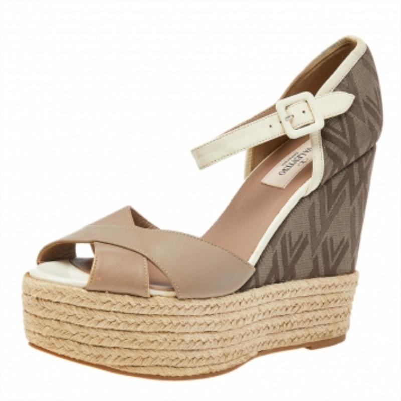 Valentino Brown Leather And Fabric Wedge Platform Espadrille Sandals Size 39.5 2