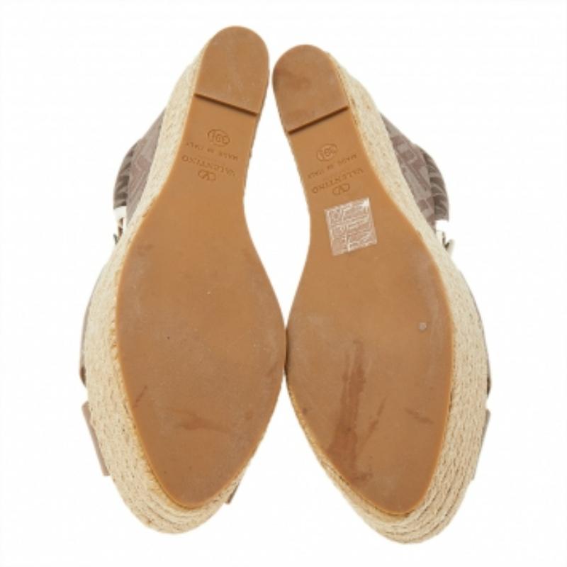 Valentino Brown Leather And Fabric Wedge Platform Espadrille Sandals Size 39.5 3